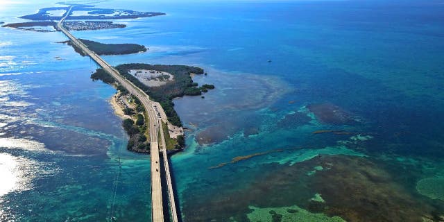 Drone shot of the Seven Mile Bridge in the Florida Keys.