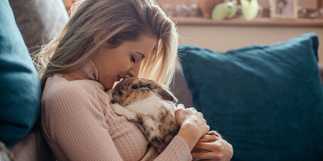 woman holding rabbit