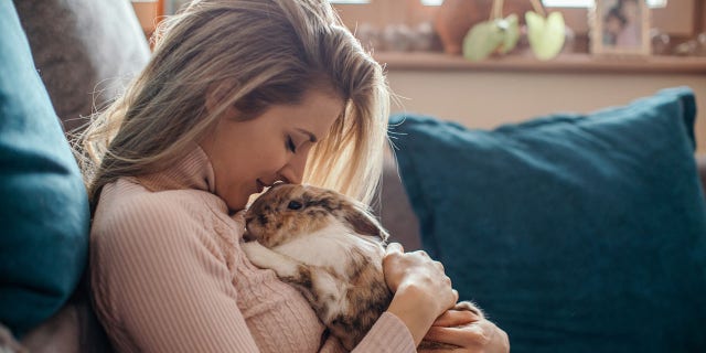 woman holding rabbit