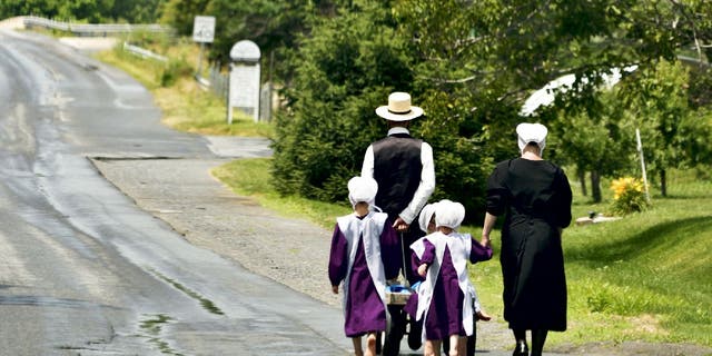 Amish family walks down road.