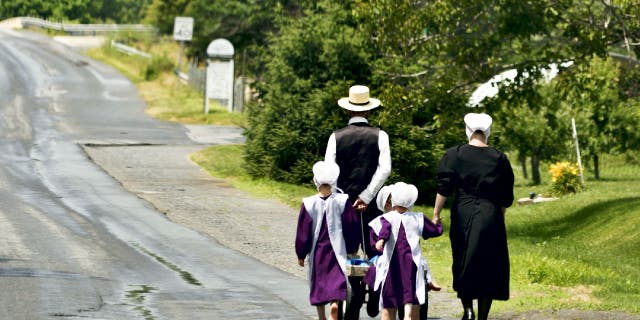 Amish family walks down road.