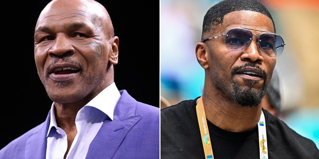 Mike Tyson sports a blue suit while Jamie Doxx wears black T-shirt at sporting event