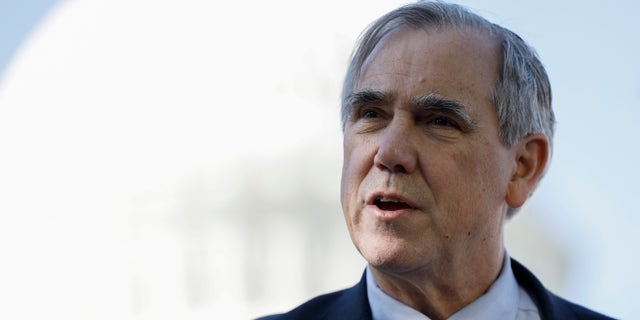 Sen. Jeff Merkley, D-Ore., speaks at a press conference outside of the U.S. Capitol Building on April 18, 2023 in Washington, D.C.