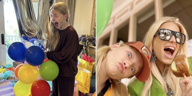 Maxwell Drew screams with excitement as she holds a bunch of colorful balloons split Maxwell wearing an orange trucker hat makes a goofy face while mother Jessica Simpson smiles in green, holding a caramelized apple