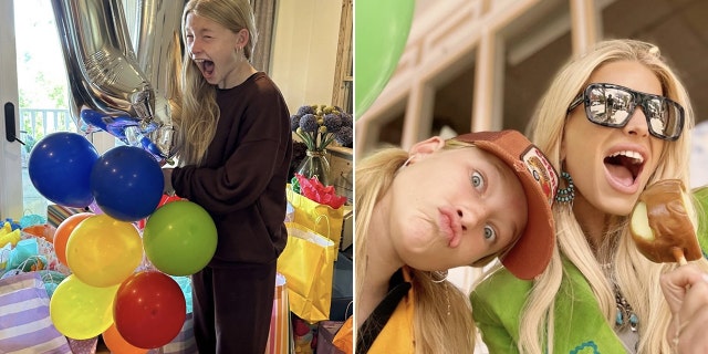 Maxwell Drew screams with excitement as she holds a bunch of colorful balloons split Maxwell wearing an orange trucker hat makes a goofy face while mother Jessica Simpson smiles in green, holding a caramelized apple