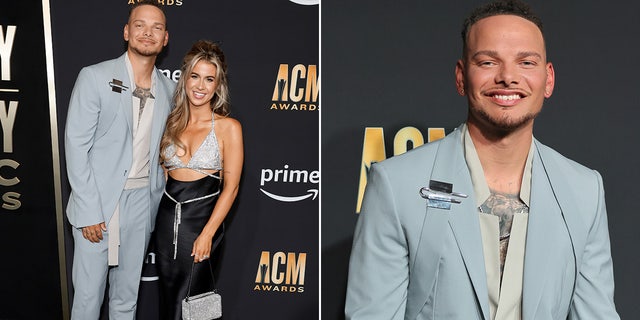 Kane Brown sports blue blazer, Katelyn Brown sparkles wearing glittering top and black skirt at the ACM Awards