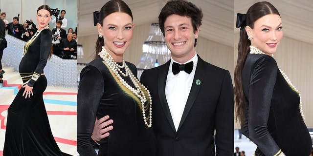 Model Karlie Kloss pregnant with second child shows off baby bump in tight black dress at Met Gala