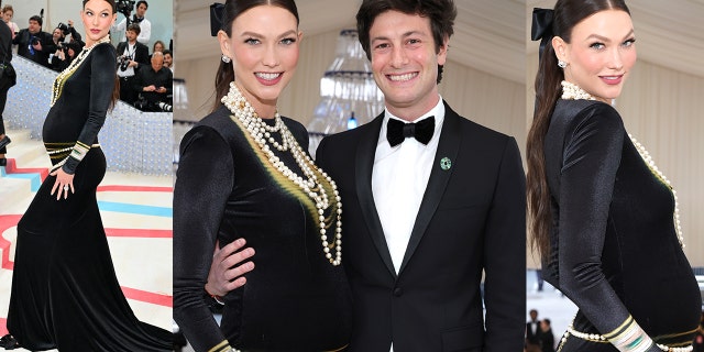 Model Karlie Kloss pregnant with second child shows off baby bump in tight black dress at Met Gala