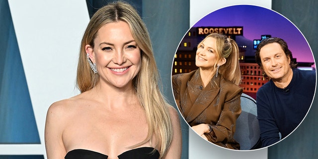 Kate Hudson wears strapless black dress at Oscars party, smiles with brother Oliver during an interview