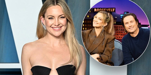 Kate Hudson wears strapless black dress at Oscars party, smiles with brother Oliver during an interview