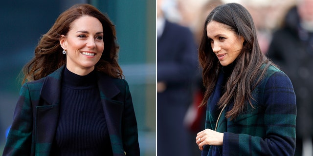 Meghan Markle walks in Liverpool wearing a black shirt and green and blue plaid jacket split Meghan Markle in Edinburgh wears a green and blue plaid jacket