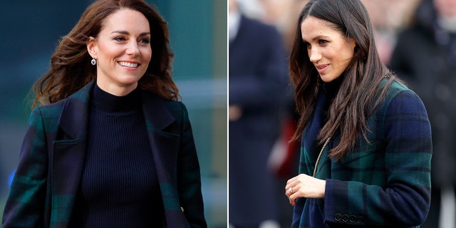 Meghan Markle walks in Liverpool wearing a black shirt and green and blue plaid jacket split Meghan Markle in Edinburgh wears a green and blue plaid jacket