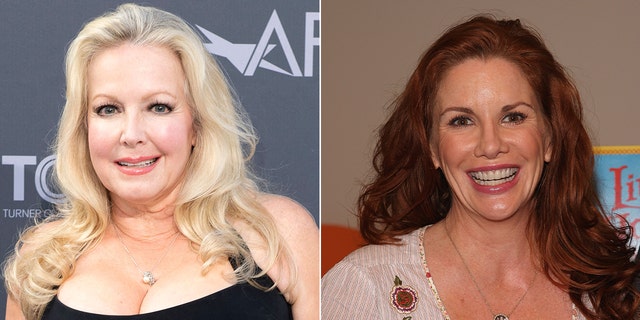 Kym Karath in a black dress smiles on the red carpet split Melissa Gilbert in a white top with flowers embroidered smiles