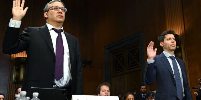 Gary Marcus, left, Sam Altman right, take oath before testifying