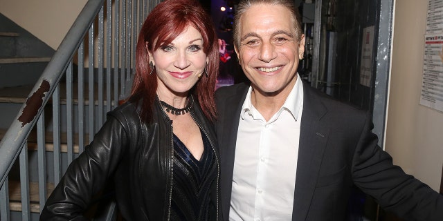 Marilu Henner and Tony Danza backstage at the musical "Getting The Band Back Together" on Broadway