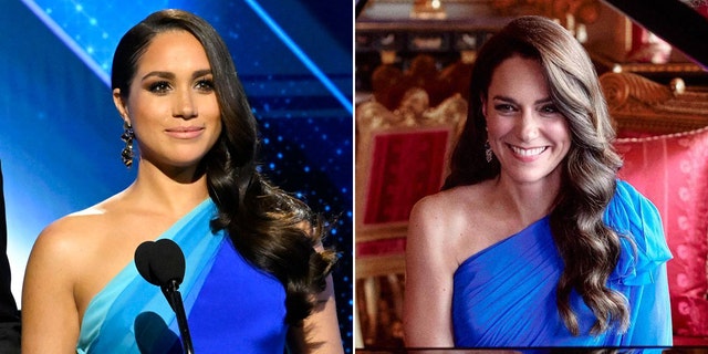 The Duchess of Sussex in an off-the-shoulder blue gown with a turquoise strip at the top split Princess of Wales, Catherine playing piano in a royal blue off the shoulder dress with a long sleeve