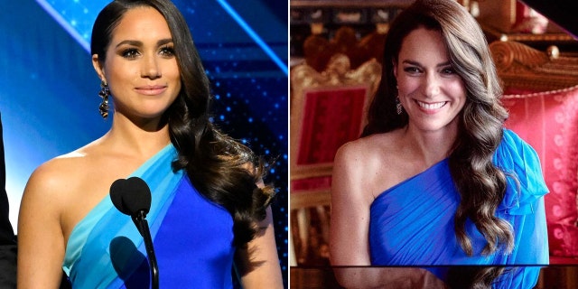 The Duchess of Sussex in an off-the-shoulder blue gown with a turquoise strip at the top split Princess of Wales, Catherine playing piano in a royal blue off the shoulder dress with a long sleeve