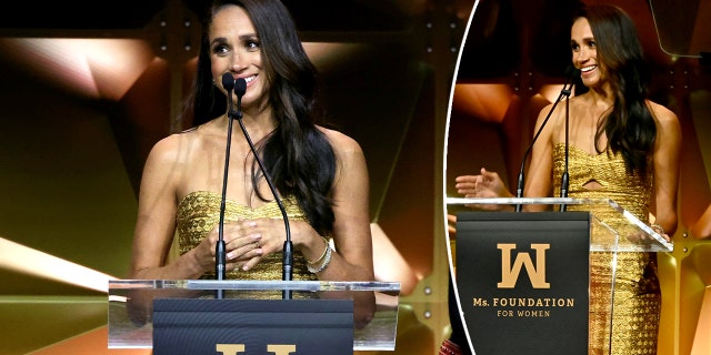 Meghan Markle in a gold dress speaks behind a podium microphone split another shot of Markle speaking behind a full podium