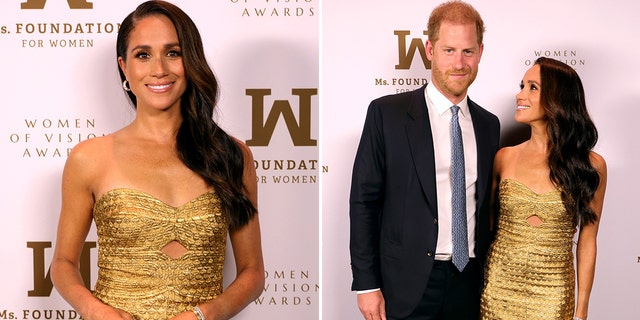 Meghan Markle sports tight gold dress with keyhole cut-out alongside Prince Harry at gala