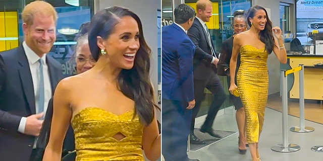 Meghan Markle all smiles in gold gown alongside Prince Harry for post ...