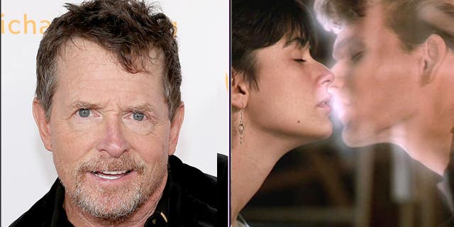 A split of Michael J. Fox and Demi Moore and Patrick Swayze kissing in "Ghost"