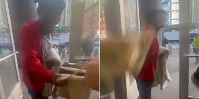 alleged shoplifter hitting guard in the head with a bag