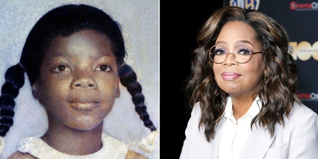 A split image of Oprah Winfrey as a child and now.