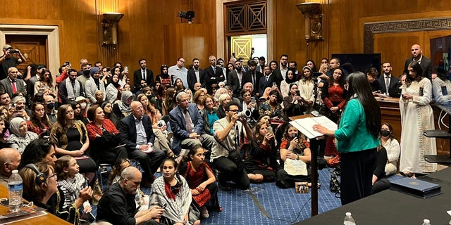 A crowd of Palestinian Americans gathers in a Senate hearing room