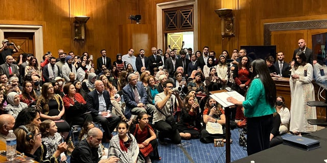 A crowd of Palestinian Americans gathers in a Senate hearing room