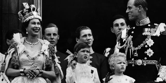 Queen Elizabrth, King Charles, Princess Anne and Prince Phillip at Queen Elizabeth's coronation