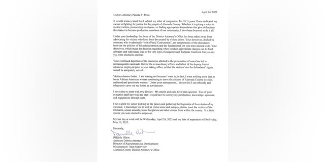 Danielle Hilton resignation letter alameda county district attorney's office