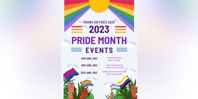 A flyer advertises 2023 Pride Month events at Robins Air Force Base in Georgia
