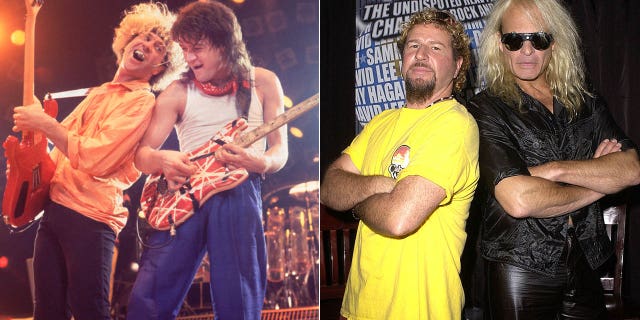 Sammy Hagar performing with eddie van halen sammy standing back to back with david lee roth