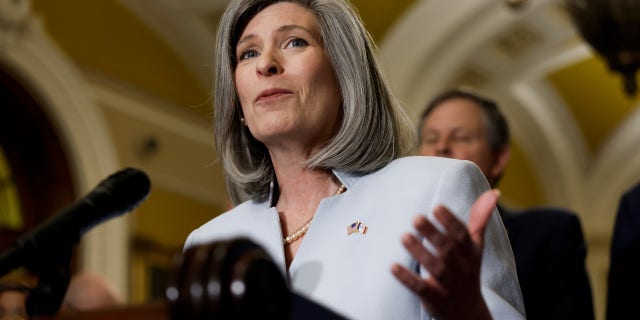 Iowa Senator Joni Ernst speaks at a podium in the halls of Congress