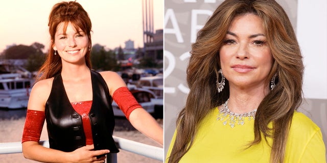 A split image of Shania Twain at the beginning of her career and now.