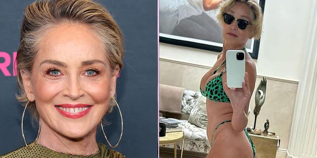 A split of Sharon Stone on the red carpet and her in a bikini