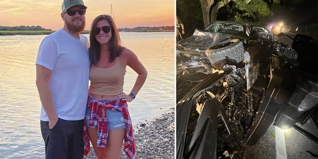 Aric Hutchison and Samantha Miller on the beach next to an evidence photo of the mangled car and golf cart.