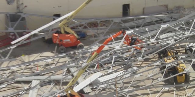 Aerial of construction site collapse