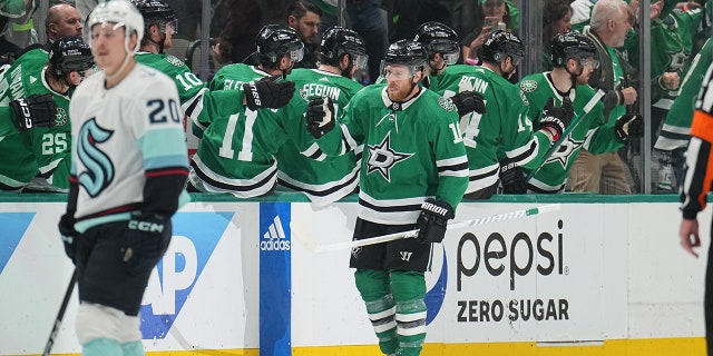 Hockey player Joe Pavelski celebrates a goal