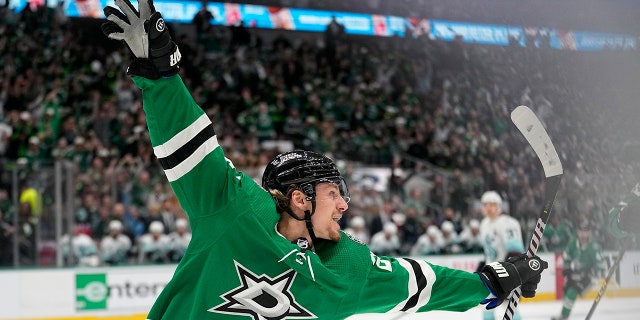 Hockey player Roope Hintz celebrates goal