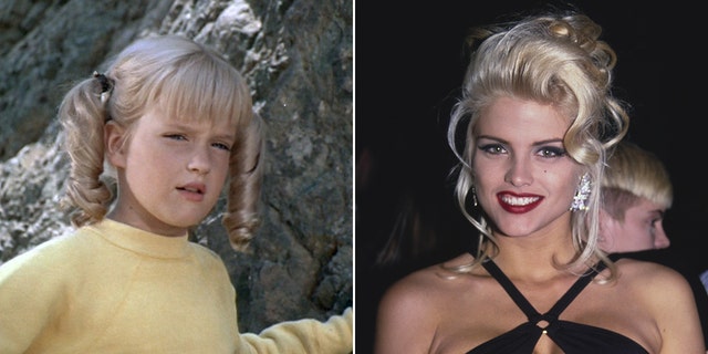 Susan Olsen as a child playing Cindy in "The Brady Bunch" in a yellow shirt looking perplexed split Anna Nicole Smith smiles with red lipstick and a black dress