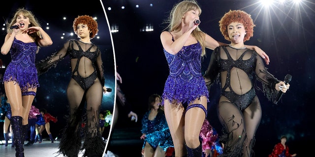 Taylor Swift and Ice Spice perform 'Karma' at MetLife stadium, strutting down the stage split Taylor looks at Ice Spice while performing