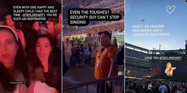 Gal Gadot shares three Instagram stories highlighting her children being sleepy and happy, the security guard enjoying the show, and her love of Taylor Swift