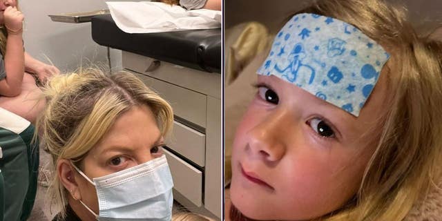 Tori Spelling with her children at urgent care