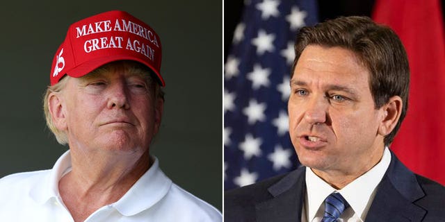 Trump wearing a MAGA hat on the golf course, Ron DeSantis during campaign announcement