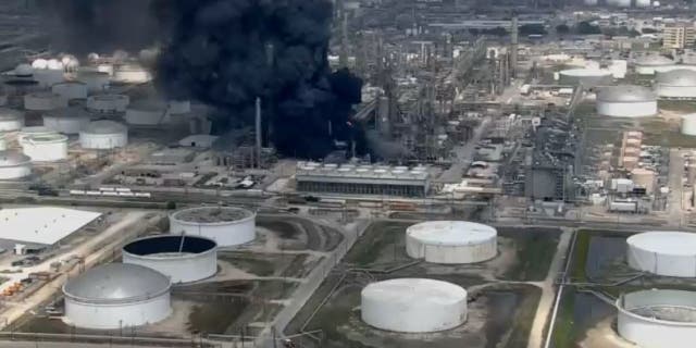 Wide aerial shot of Deer Park, Texas fire