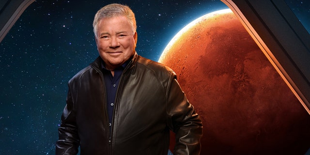 William Shatner wears leather overgarment   and bluish  garment  successful  beforehand   of backdrop of Mars