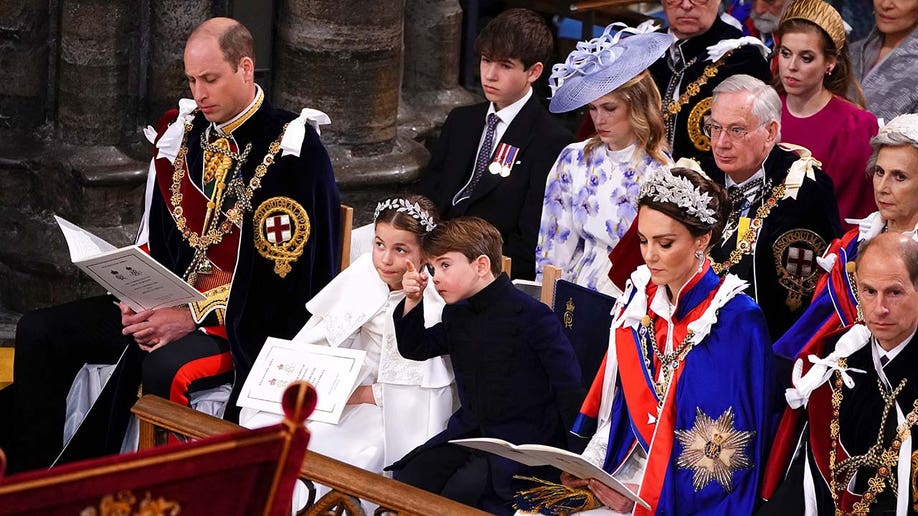 The Prince of Wales, Princess Charlotte, Prince Louis, the Princess of Wales and the Duke of Edinburgh at the coronation ceremony of King Charles III and Queen Camilla in Westminster Abbey, London