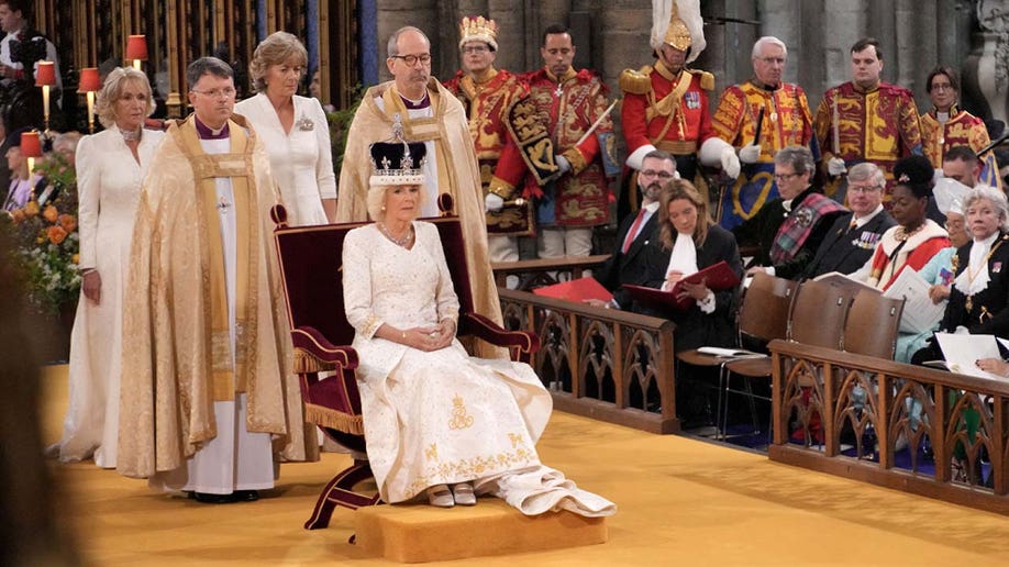 Queen Camilla is crowned with Queen Mary's Crown during her coronation ceremony
