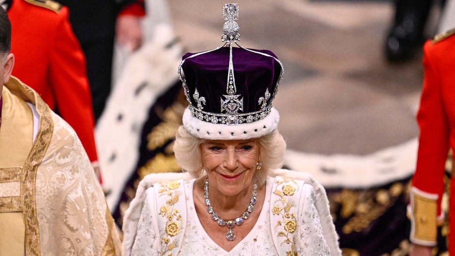 Queen Camilla departs the Coronation service of King Charles III and Queen Camilla at Westminster Abbey